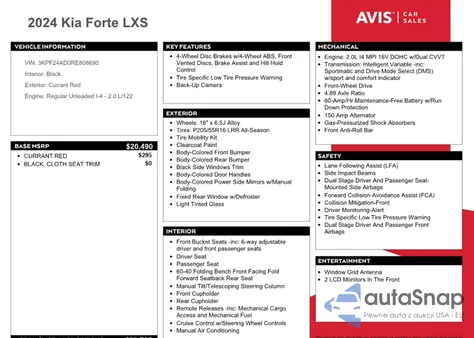 2024 Kia Forte Lx z USA, uszkodzony, nr VIN 3KPF24AD0RE808690
